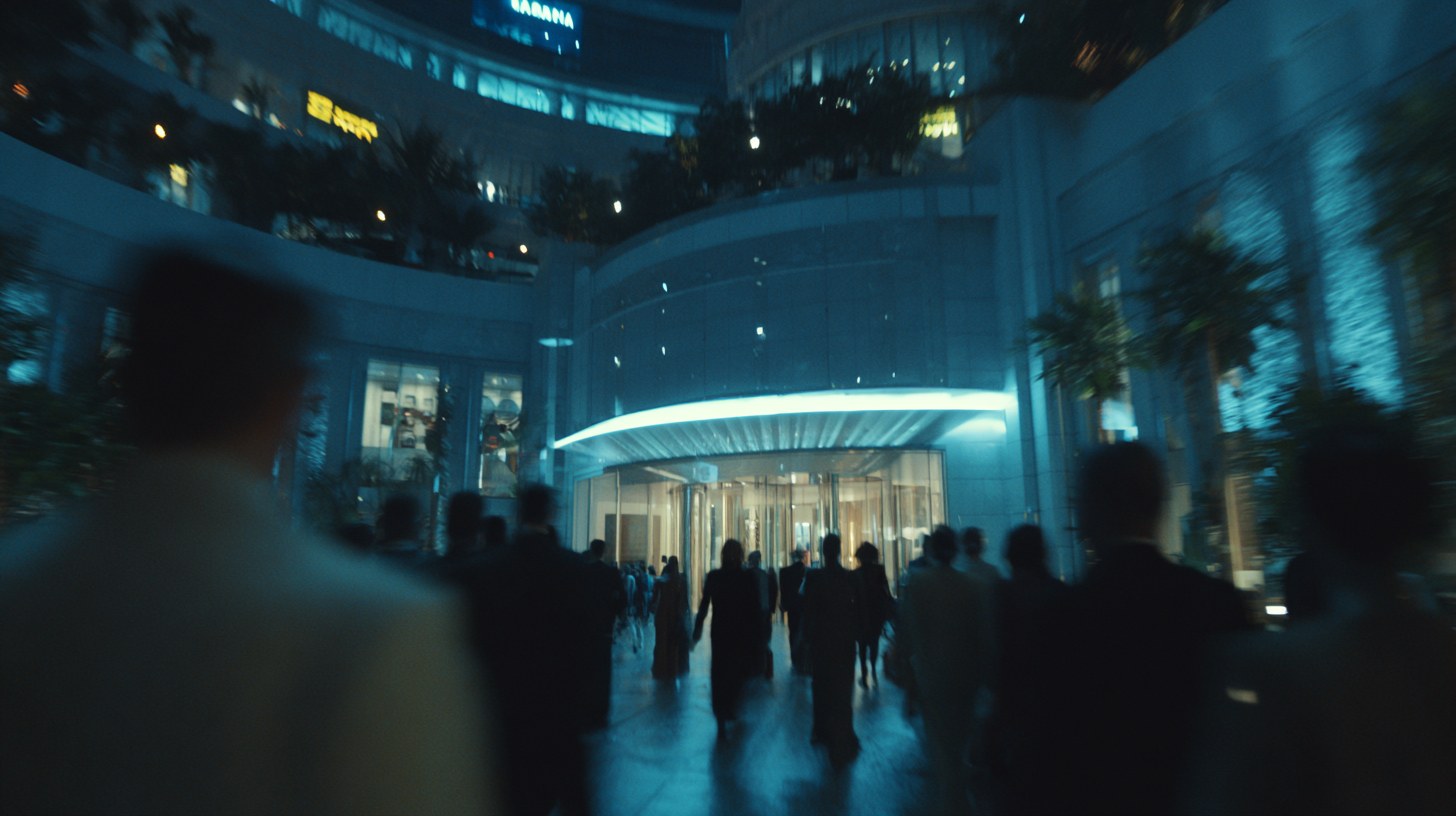Guests arriving in the Reality Theater atrium at night