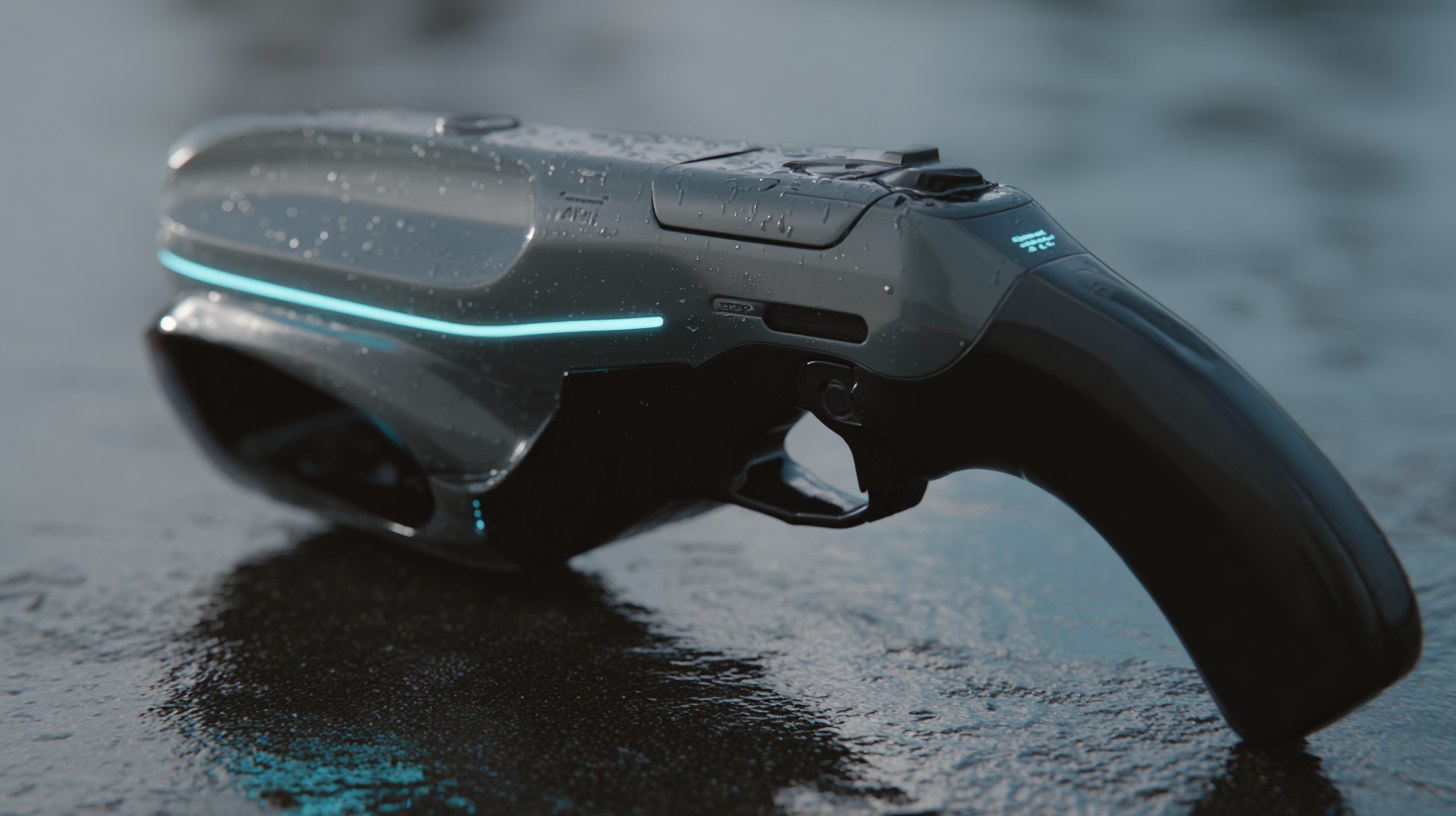 A futuristic lightgun controller with glowing aqua accent