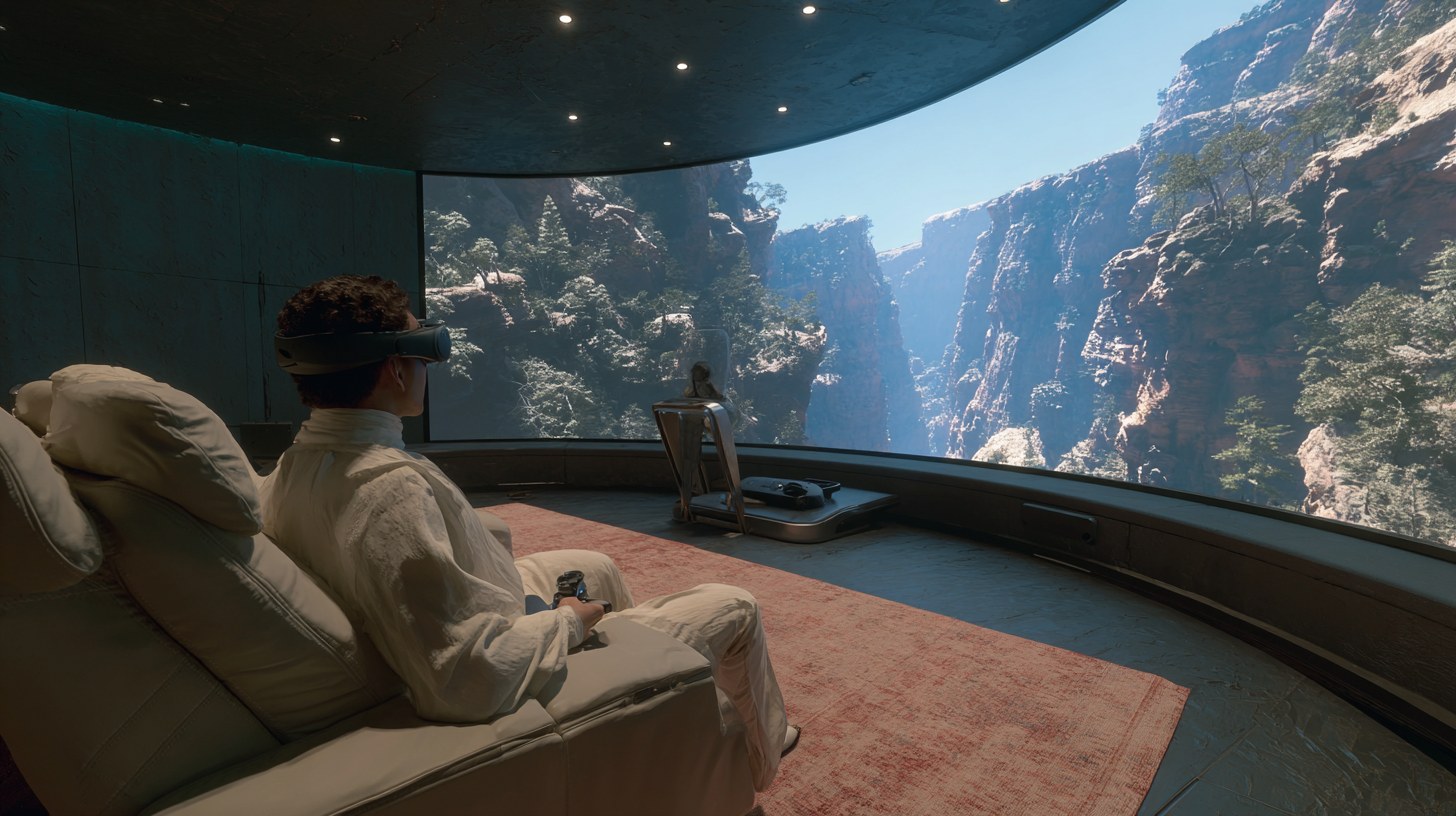 A person in goggles reclining in a 270-degree home theater