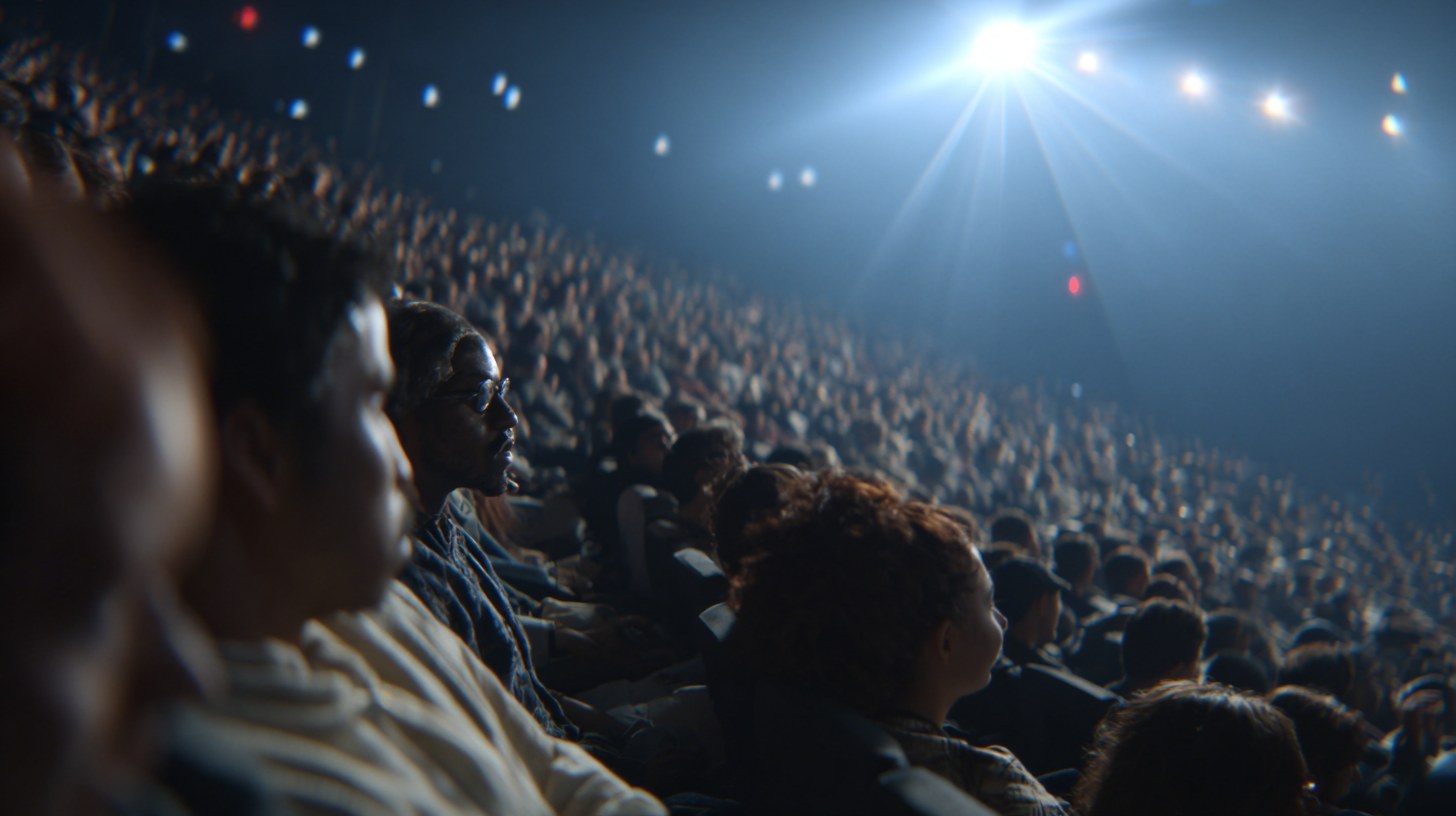 A packed 4DX motion theater with mist in the projector beams