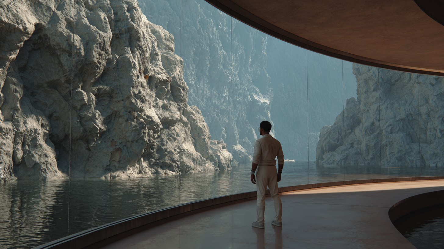 A person standing inside a seamless 270-degree wraparound screen room